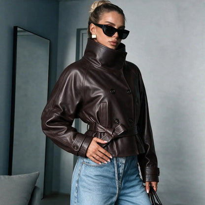 Manteau court femme marron foncé effet cuir avec col montant et ceinture SecretBombe