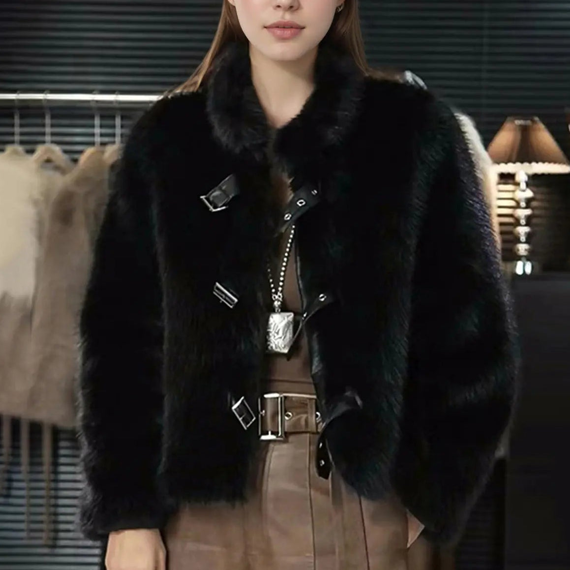 Manteau court femme noir avec attaches décoratives sur le devant SecretBombe