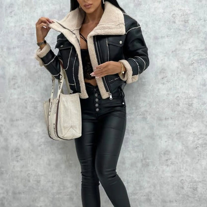 Manteau aviateur femme noir avec grand col écru et fermeture zippée SecretBombe