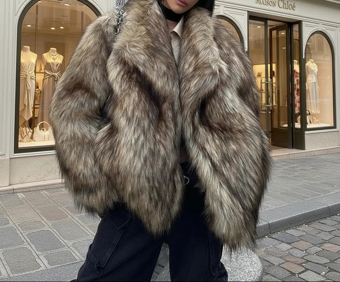 Manteau en fourrure effet raton laveur chic urbain pour femme