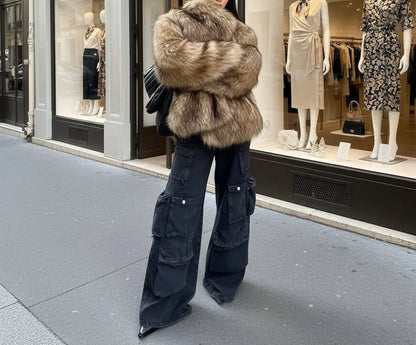 Manteau mi-long à col en fourrure élégant et confortable