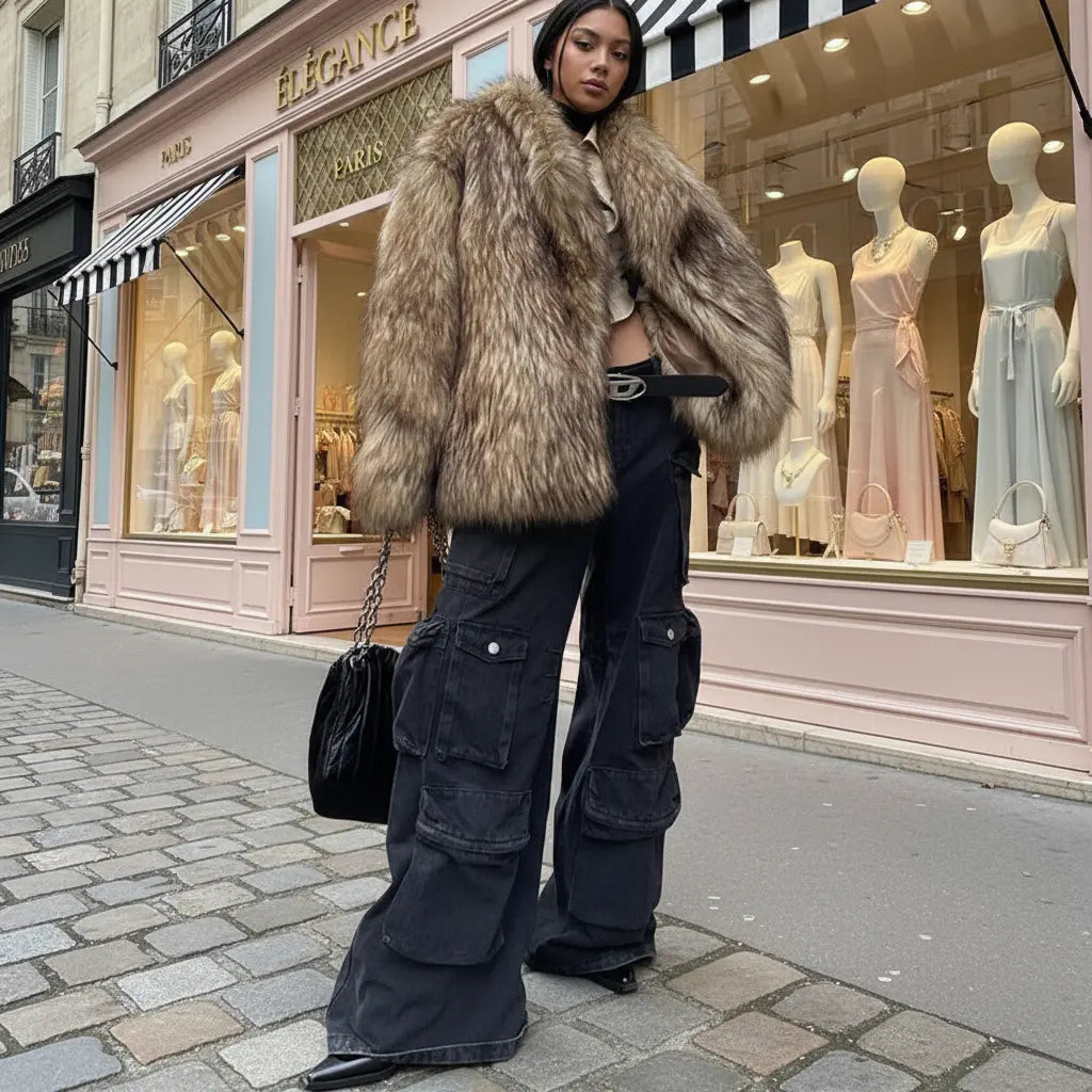 Vue arrière du manteau en fourrure effet raton laveur pour femme