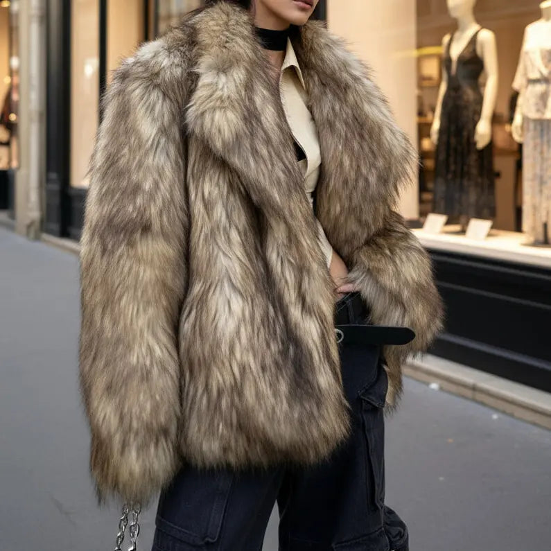 Vue arrière du manteau en fourrure effet raton laveur pour femme