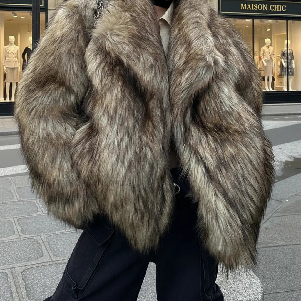 Détail du col en fourrure luxueuse du manteau mi-long