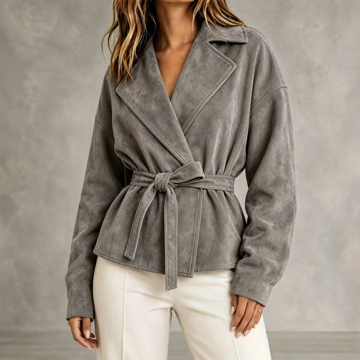 Manteau court femme gris à col tailleur et ceinture assortie SecretBombe