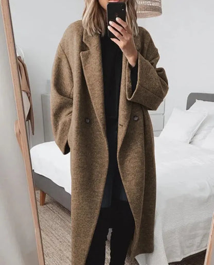Manteau long femme marron à coupe droite et col tailleur SecretBombe