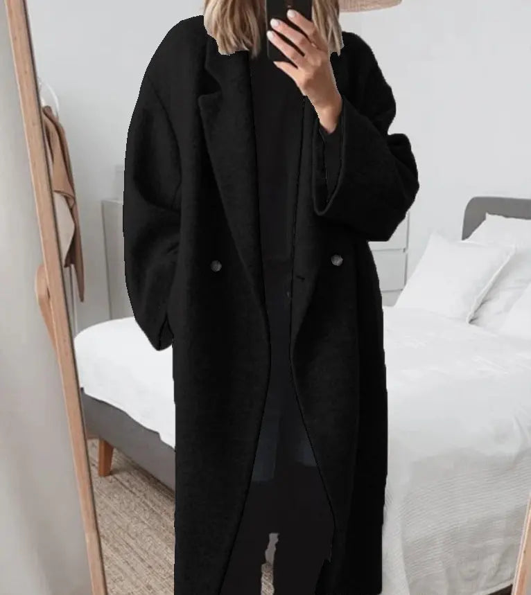 Manteau long femme noir à col tailleur et manches longues SecretBombe