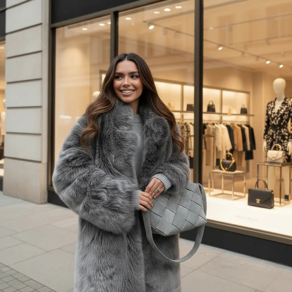 Manteau long femme en style fourrure gris luxueux – Boutique Secretbombe, élégance et chaleur