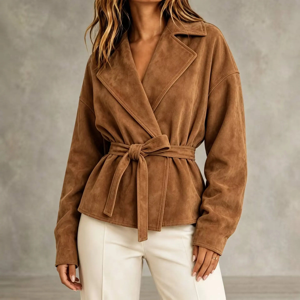 Manteau femme camel effet daim avec col tailleur et ceinture assortie SecretBombe