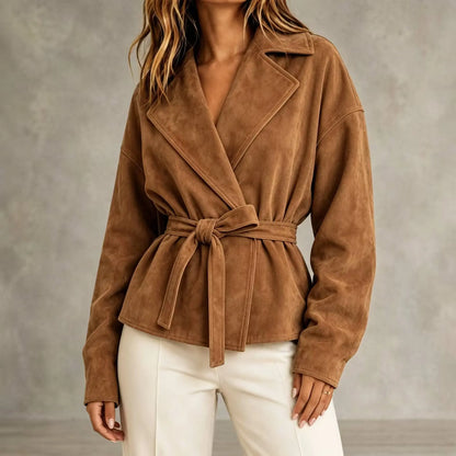 Manteau femme camel effet daim avec col tailleur et ceinture assortie SecretBombe