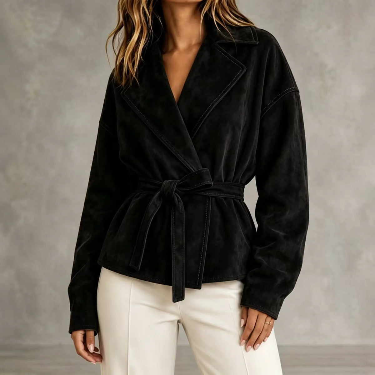 Manteau femme noir effet daim avec col à revers et pantalon blanc SecretBombe