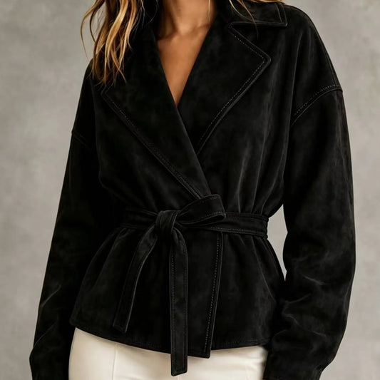 Manteau court femme noir effet daim avec ceinture à nouer et col tailleur SecretBombe