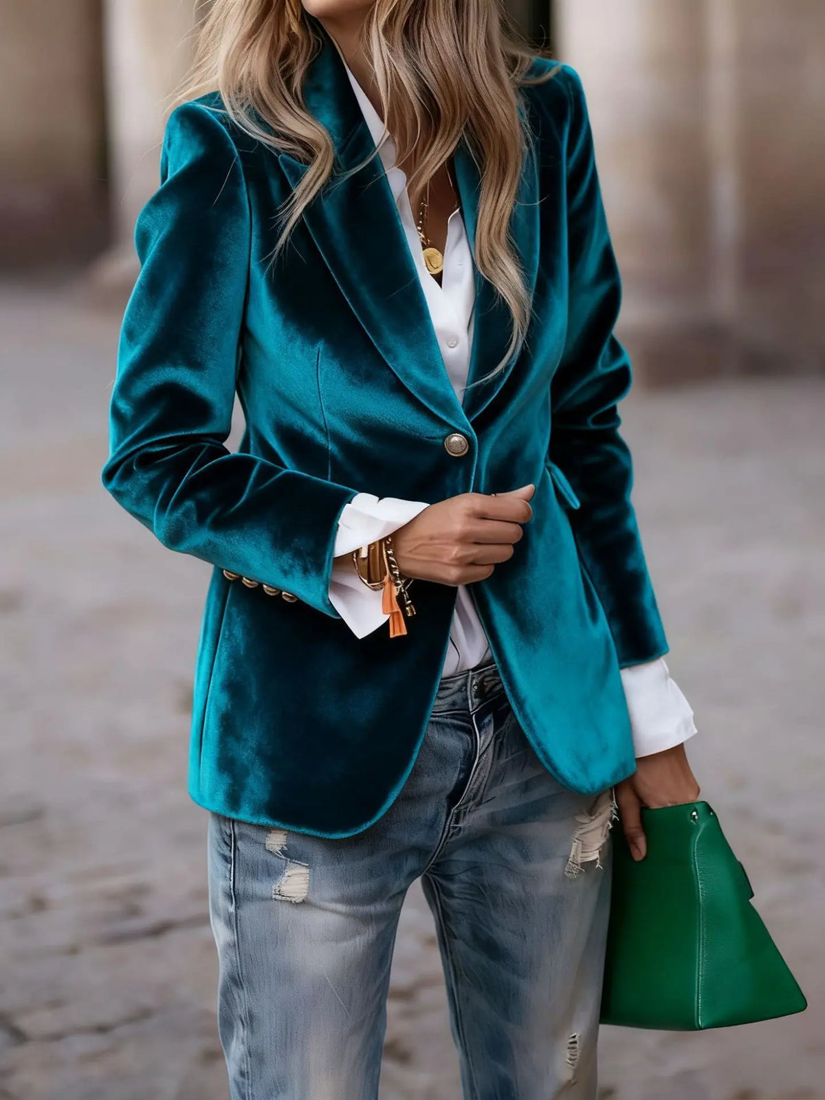 Manteau femme bleu canard aspect velours avec col à revers SecretBombe