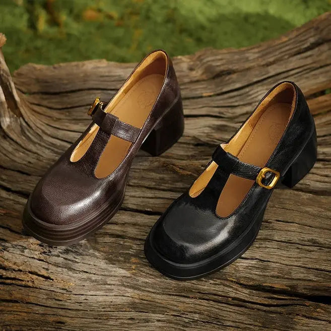 Mary Jane chocolat talon haut 6–8 cm, style rétro et moderne pour femme
