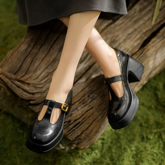 Chaussures Mary Jane femme en cuir noir avec talon épais et boucle dorée