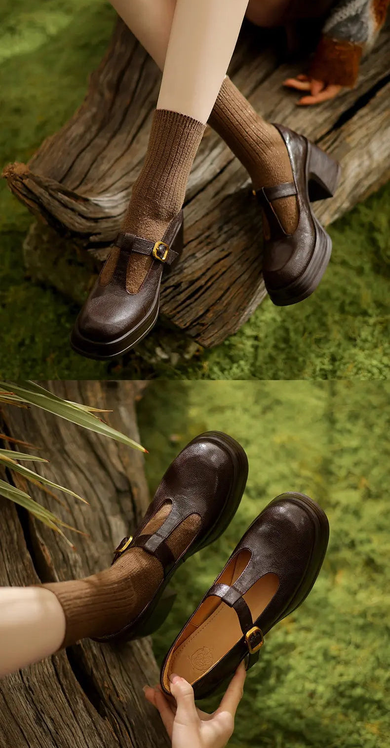 Mary Jane chocolat pour femme, talon épais, cuir souple et design raffiné