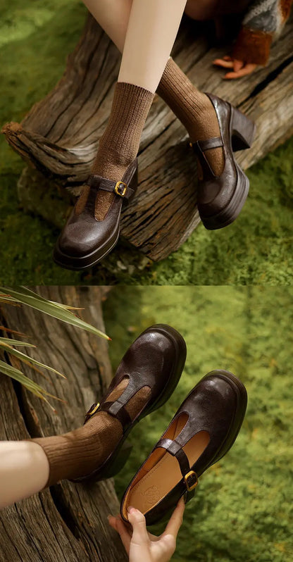 Mary Jane chocolat pour femme, talon épais, cuir souple et design raffiné
