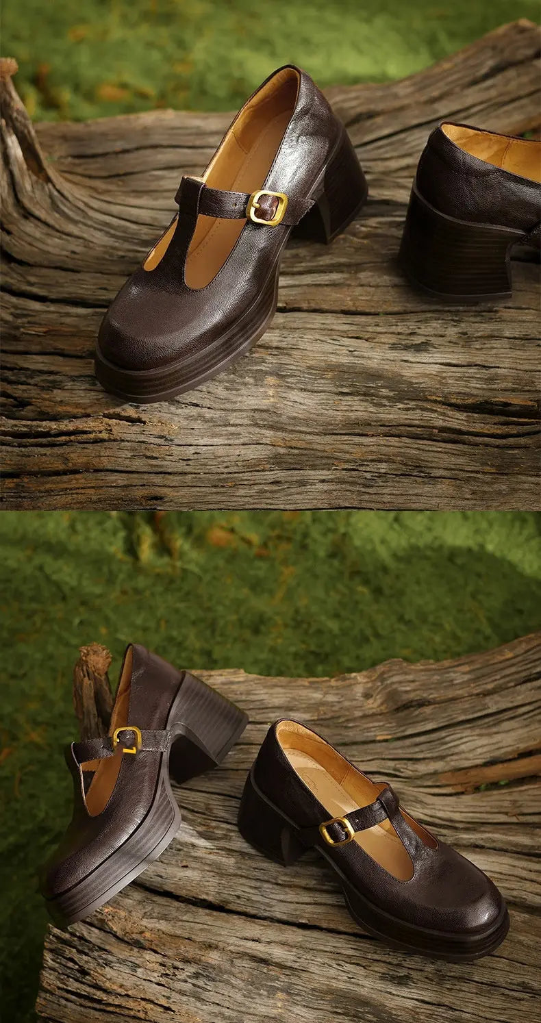 Mary Jane chocolat à bride dorée, talon épais et style vintage moderne