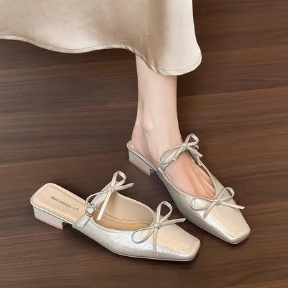 Mules femme champagne noeud satin élégant bout carré SecretBombe
