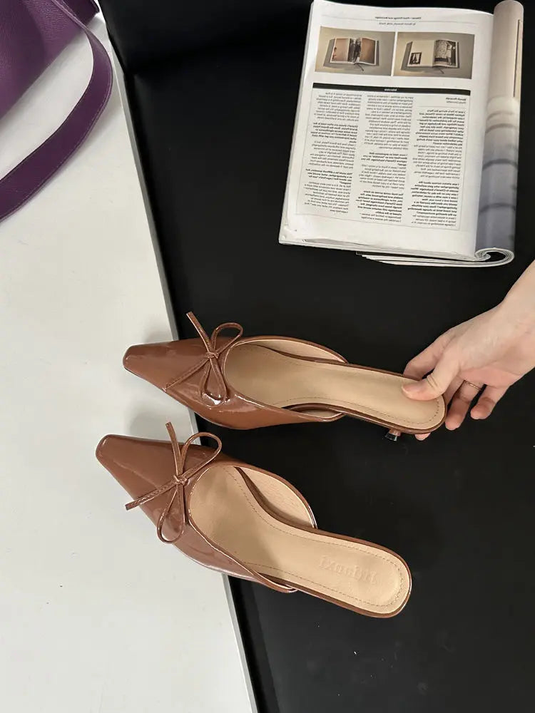 Mules femme marron élégantes noeud finition brillante SecretBombe