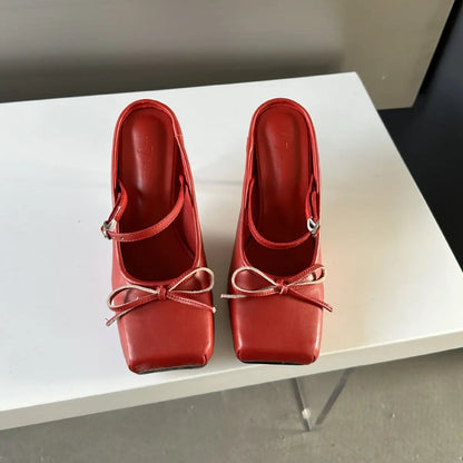 Mules femme rouge talon chic noeud satin SecretBombe