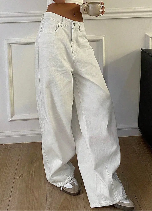 Le Jean large femme blanc taille haute – Style casual européen