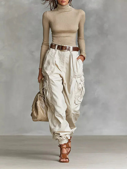 Pantalon cargo femme écru à poches latérales SecretBombe