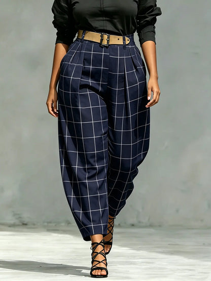 Pantalon carotte femme bleu marine à carreaux SecretBombe