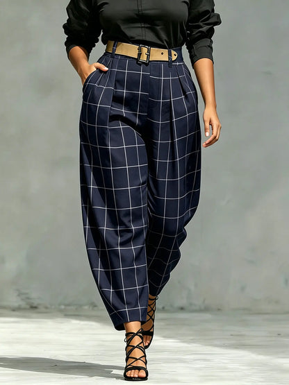 Pantalon carotte femme bleu marine à carreaux SecretBombe
