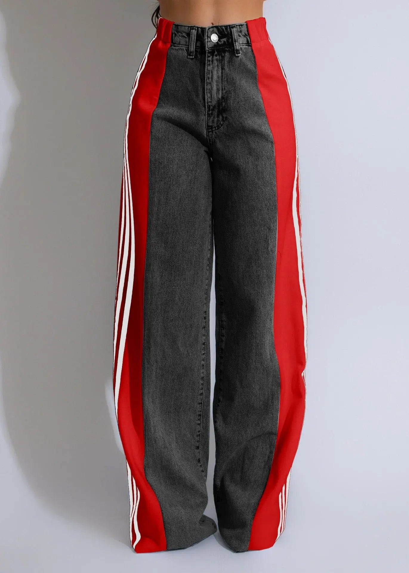 Pantalon en denim femme taille haute extensible, coupe large avec bandes colorées sur les côtés