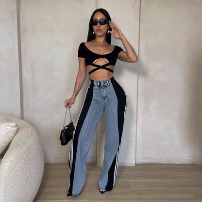 Pantalon en denim femme taille haute extensible, coupe large avec bandes colorées sur les côtés