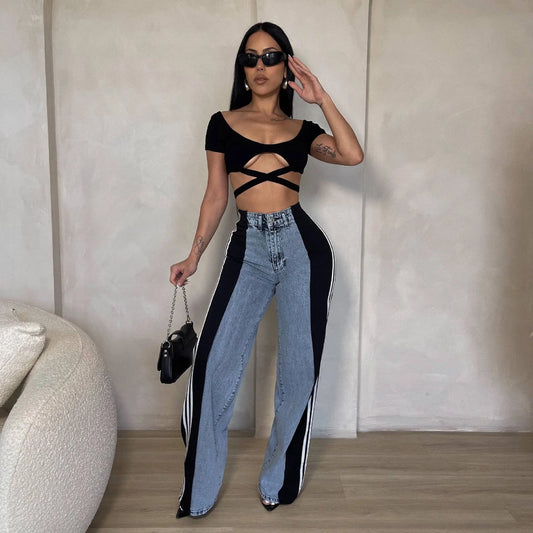 Pantalon en denim femme taille haute extensible, coupe large avec bandes colorées sur les côtés