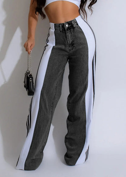 Pantalon en denim femme taille haute extensible, coupe large avec bandes colorées sur les côtés