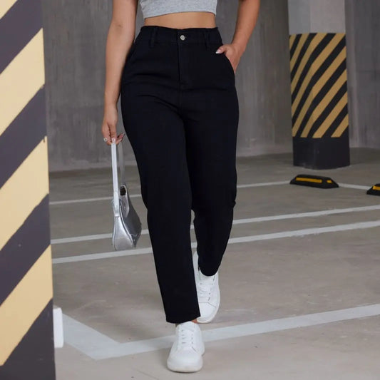 Pantalon jean mom noir femme, taille haute, denim robuste en coton, look intemporel