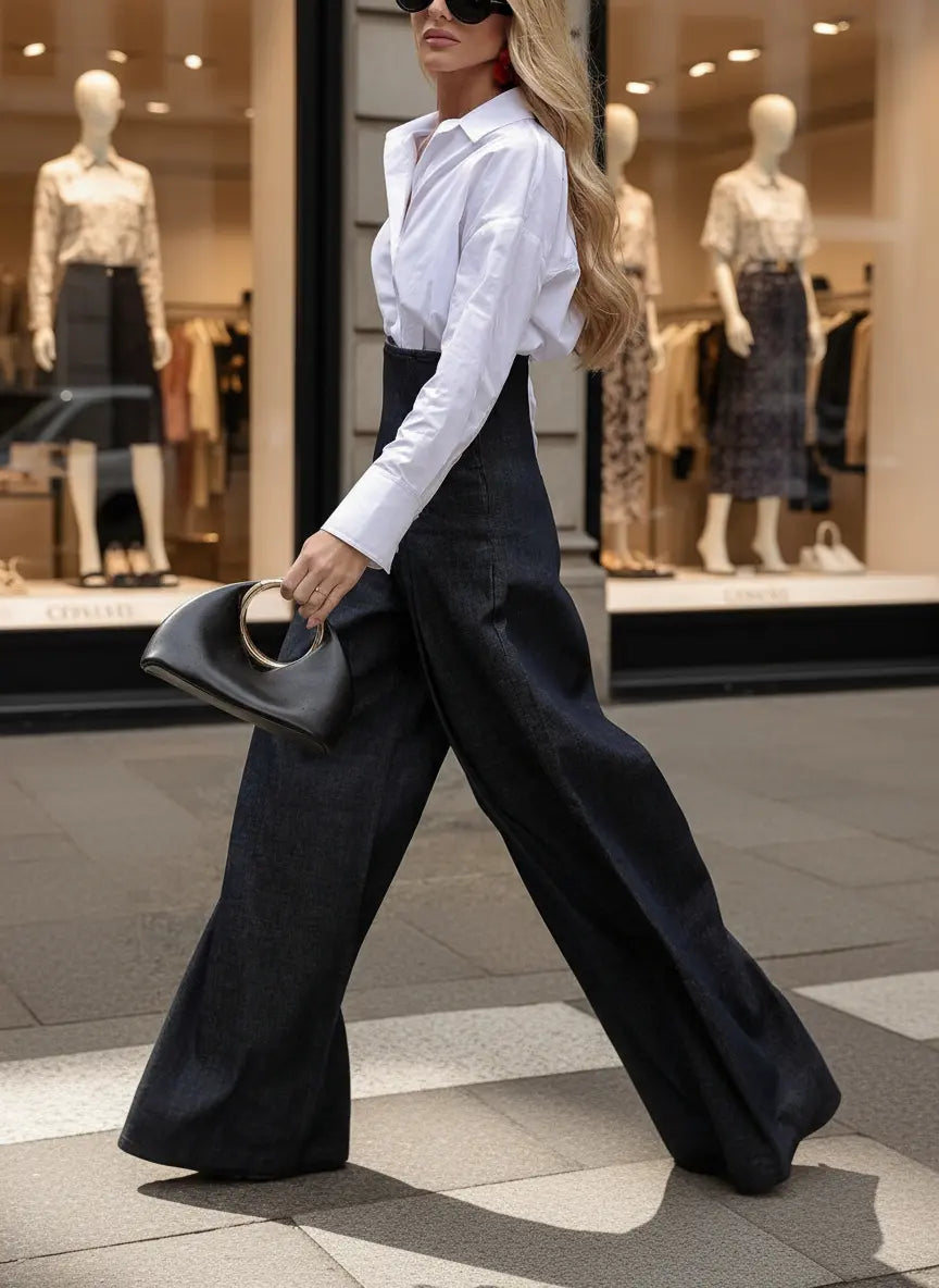 Pantalon taille haute en denim femme, look street chic et moderne