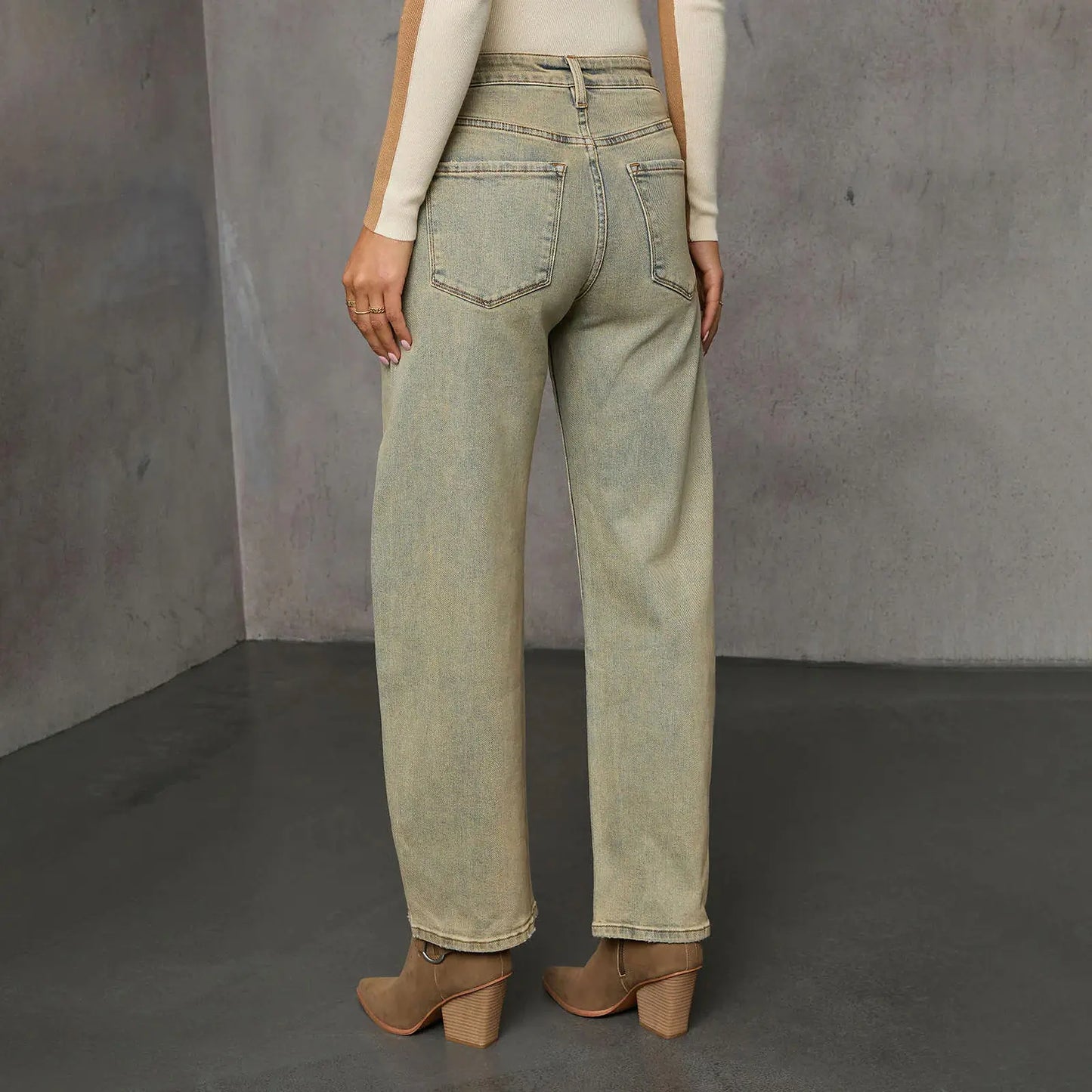 Pantalon denim femme beige délavé coupe droite tendance – SecretBombe