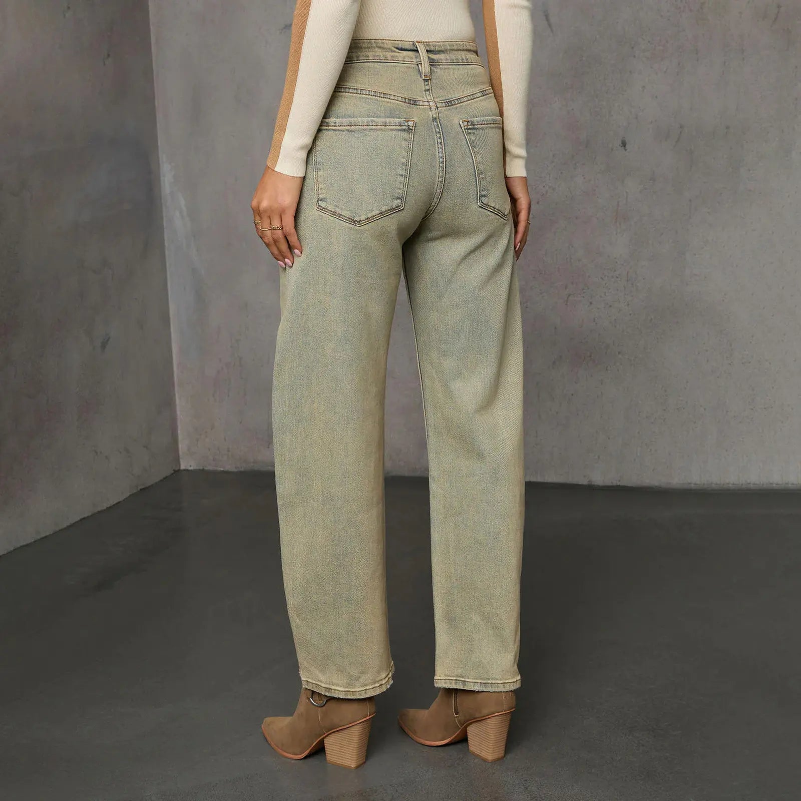Pantalon denim femme beige délavé coupe droite tendance – SecretBombe