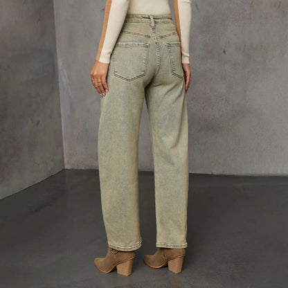 Pantalon denim femme beige délavé coupe droite tendance – SecretBombe