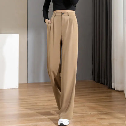 Pantalon femme beige tendance, taille haute et coupe droite
