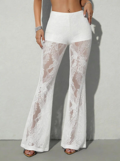 Pantalon palazzo femme blanc en dentelle transparente SecretBombe