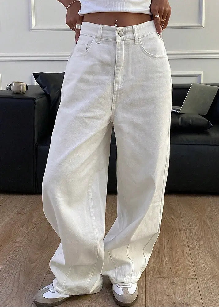 Jean large femme blanc taille haute style casual chic européen – SecretBombe