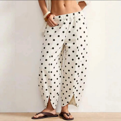 Pantalon femme blanc à pois noirs et jambes larges SecretBombe