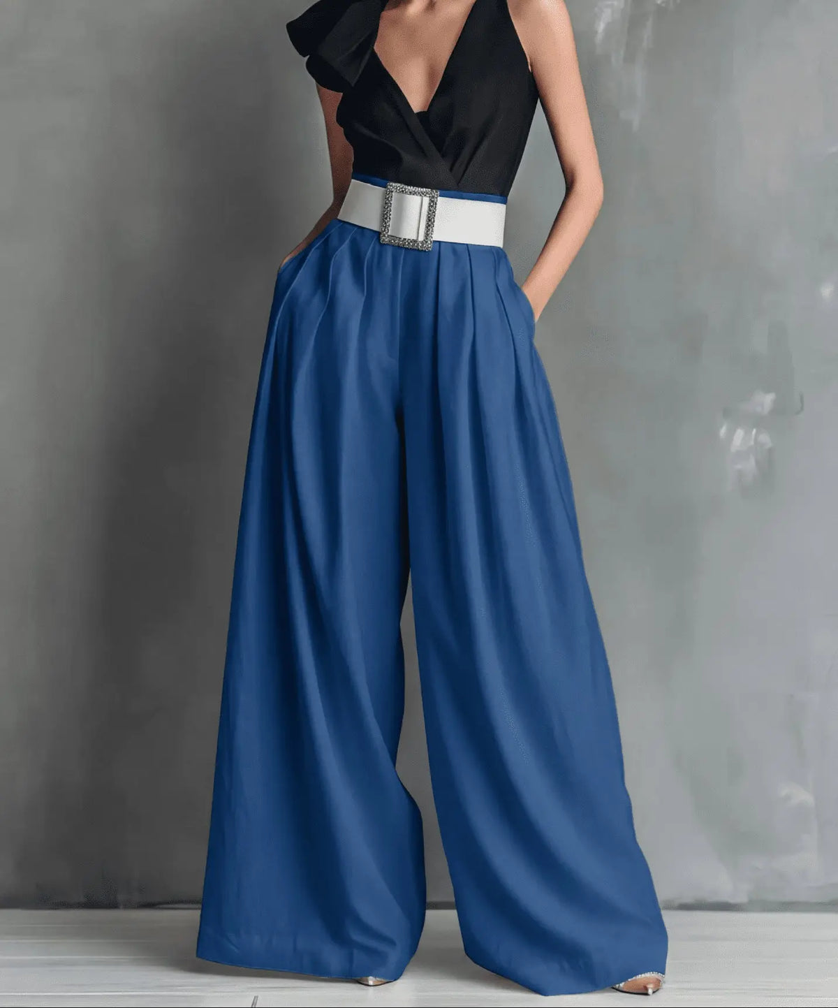 Pantalon large femme bleu à taille haute SecretBombe
