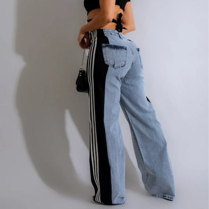 Jean femme tendance 2025 avec bandes fantaisie latérales, coupe large taille haute