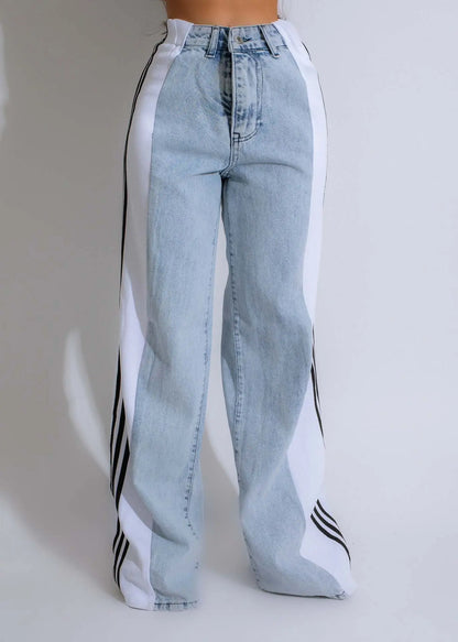 Pantalon femme en denim et polyester, coupe large, taille haute, style mode urbaine