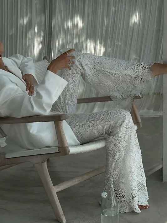 Pantalon femme blanc fluide dentelle elegante SecretBombe