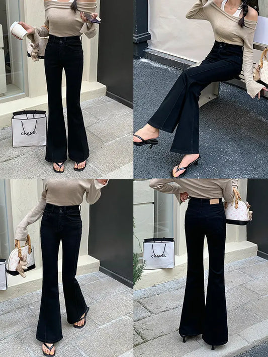 Pantalon femme jean bootcut noir, coupe large tendance rétro années 70