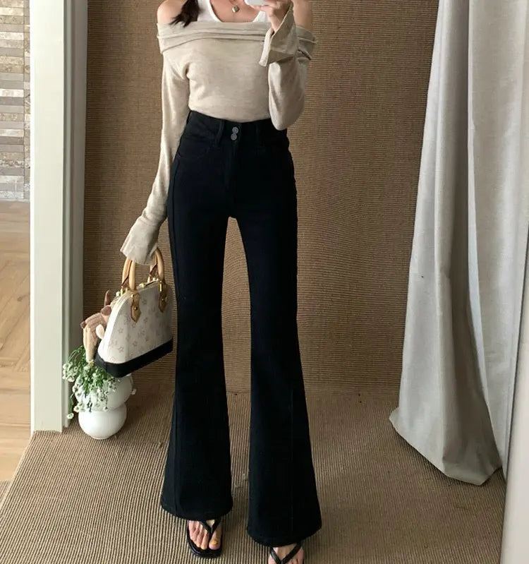 Pantalon femme jean bootcut noir, coupe large tendance rétro années 70