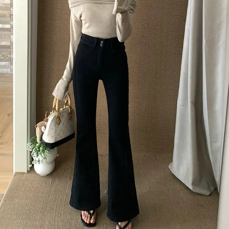 Pantalon femme jean bootcut noir, coupe large tendance rétro années 70
