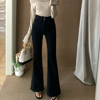 Pantalon femme jean bootcut noir, coupe large tendance rétro années 70
